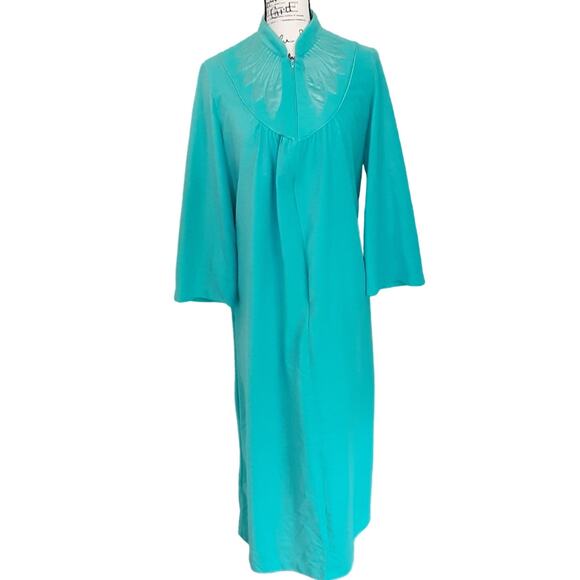 Vintage 80s Fleece Housecoat Aqua Blue Satin Robe Long Mumu Full Zip Grandmacore - Picture 1 of 8